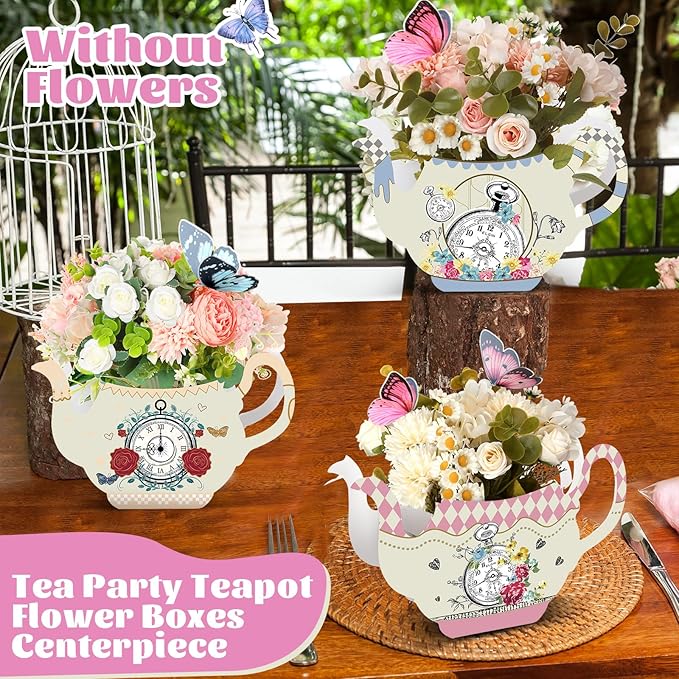 Yinder 6 Pcs Tea Party Decorations Princess Party Flower Boxes Centerpiece Floral Teapot Centerpiece for Floral Tea Themed Birthday Wedding Supplies(Vintage Tea Pot Tea Cup)