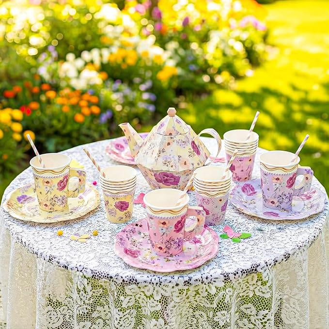 24 Sets Floral Paper Tea Cups and Saucers 8.5 oz Vintage Floral Afternoon Disposable Cups with Handles and Plates Tea Party Decorations for Wedding Garden Mother's Day Hot Cold Drink Birthday