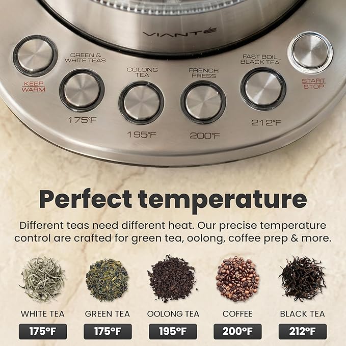 Viante Electric Kettle With Infuser. No Plastic In Contact With Water. Hot Tea Maker With Temperature Control And Automatic Shut Off. Tea Kettle With Brewing Programs. 1.5 Liters Capacity