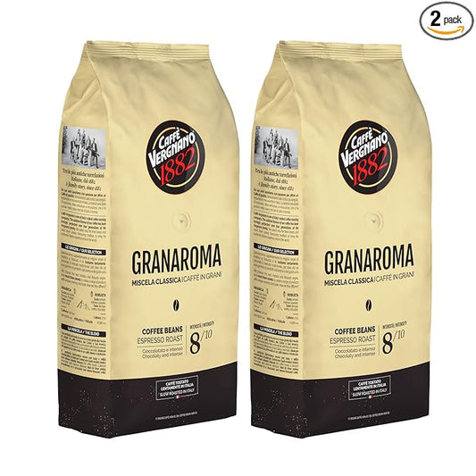 Caffe Vergnano 1882 Gran Aroma Whole Bean Arabica Medium Espresso Roast Coffee, 2.2lbs Bag - Italian Coffee Beans with Rich notes of Cocoa, Spices & Dried Fruit, Intensity 8/10-1000g Bag (2 Pk)