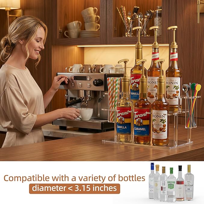 Coffee Syrup Organizer with Straw Holders, 2-Tier Acrylic Syrup Rack (6 Bottles), Anti-Slip Coffee Bar Storage with Side Straw Boxes for Syrups, Wine, Dressings on Kitchen Countertop