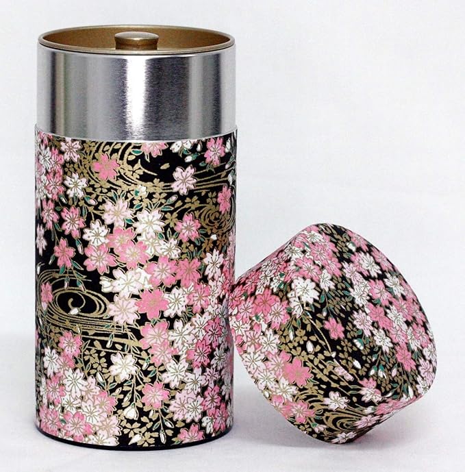 Washi Paper Tea Tin Canister: Long 7oz (200g) Cherry Blossoms - Ripple Confetti (#61), Japan