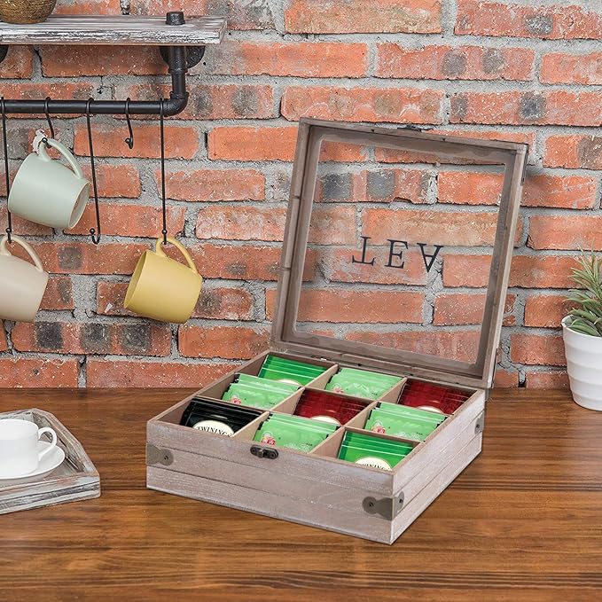 handrong Tea Box Organizer - Rustic Tea Bag Storage,Teas Bag Holder for Coffee Sugar Pods Packets & More – Elegant Tea Storage Solution for Home & Kitchen (Gray)