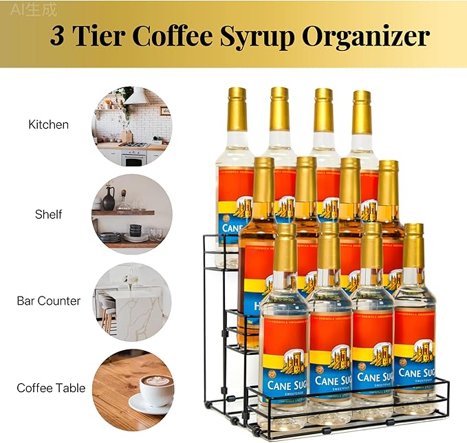 12 Bottles Coffee Syrup Rack Organizer, Coffee Syrup Stand Holder, 3 Tier Coffee Syrup Organizer for Coffee Bar Station, Wine Rack for Countertop, Bottle Display Shelf for Cocktail, Dressing