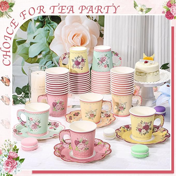 24 Sets Vintage Floral Tea Party Cups 7 OZ Disposable Paper Tea Cups with Handle and Plates Teacups and Saucer Sets for Baby Bridal Shower Wedding Birthday(Vintage Style)