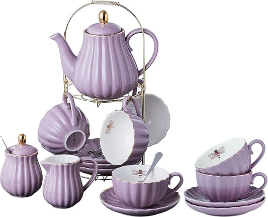 Jusalpha Serve for 6- Fine China Pink Coffee Cup/Teacup Set, 8 OZ Cups& Saucer, with Teapot-Sugar Bowl-Cream Pitcher Teaspoons and tea strainer for Tea/Coffee (Lavender, Serve of 6)