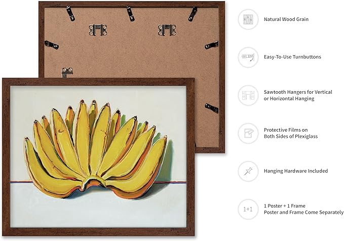 Poster Master Vintage Food & Drink Poster - Retro Banana Oil Painting Print - Banana Art - Gift for Vegan, Vegetarian, Foodies - Perfect Decor for Bakery, Home, Kitchen, 8x10 Brown Framed
