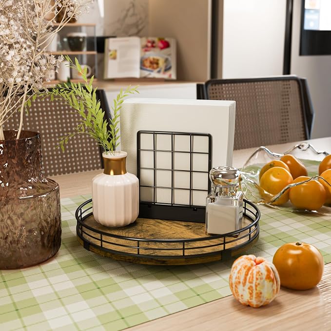 Lazy Susan Turntable Organizer for Table Top, 10’’ Round Wooden Lazy Susan for Cabinet Kitchen Countertop Pantry Dining Coffee Table for Condiments Spices, Rustic Bathroom Vanity Tray for Soap Candle - Image 4