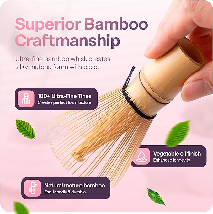 Matcha Whisk Set with Pink Hearts - 6 Piece Ceramic Matcha Set with a Bowl, Whisk, Stand, Spoon and Sifter - Designed in the UK - Gift Set