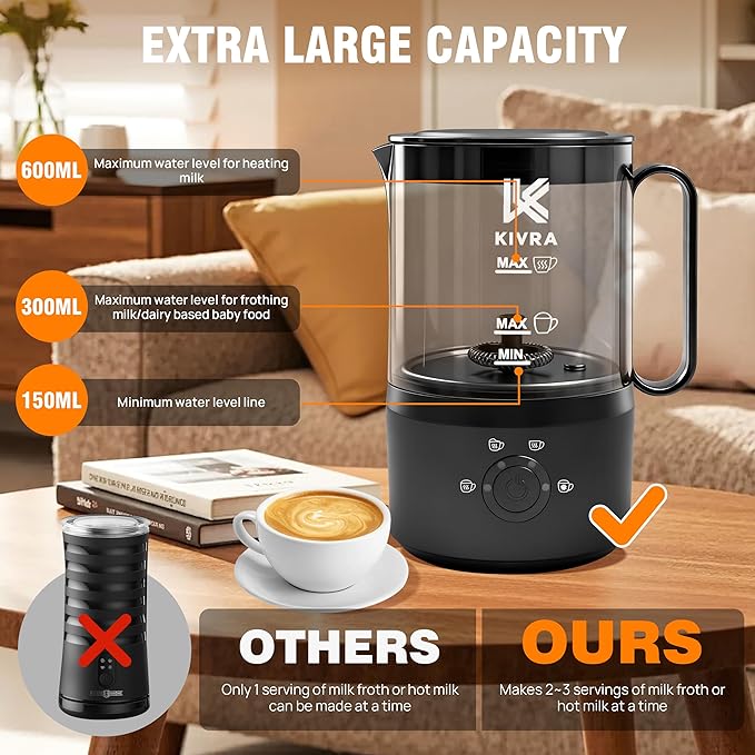 KIVRA Milk Frother and Steamer 350ml | 4 Mode cold foam maker for Hot and Cold Drinks | Durable Non Stick Milk Frother for Coffee Lovers – Includes 1x Whisk, Measuring Cup, String Bag & Brush