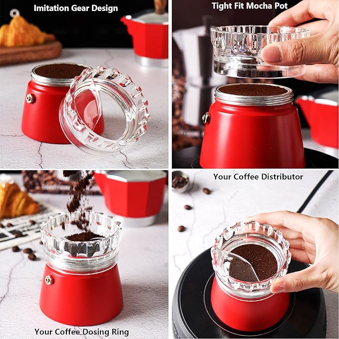 Moka Pot Dosing Ring & Coffee Distributor 2in1 Coffee Maker Dosing Ring For Moka Express Fast Distribute and Tamp, Avoid Mess And Wast (M for 4-6cup Moka Pot)