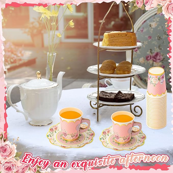 Tioncy 100 Pcs Tea Party Decorations Include 50 Pieces 9 oz Paper Tea Cups with Handle and 50 Plates Disposable Teacups and Saucers Sets for Birthday(Blossom)