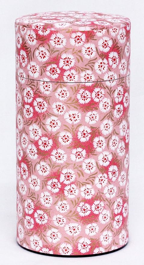 Washi Paper Tea Tin Canister: Long 7oz (200g) Pink Dianthus (#39), Japan