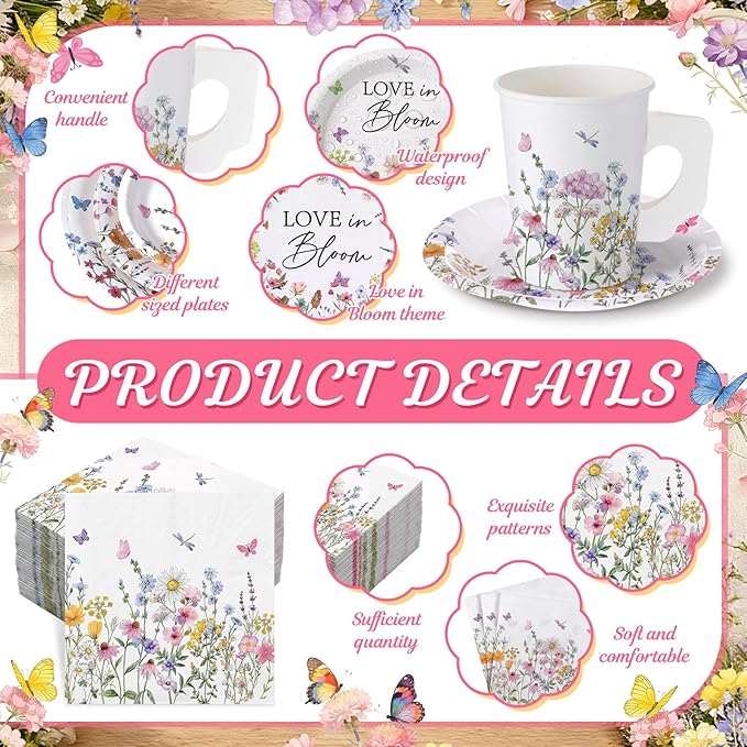 Pickmesh 252 Pcs Love in Bloom Tea Party Supplies for 36 Guests Wildflower Paper Disposable Dinnerware Flower Teacup with Handle and Saucers Set for Tea Party Decorations Birthday Baby Shower Wedding