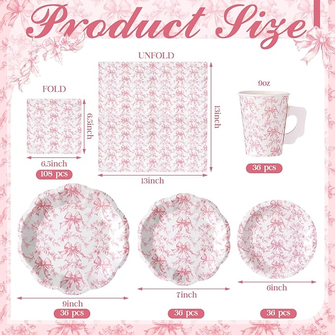 Pickmesh 252 Pcs Pink Bow Floral Tea Party Supplies for 36 Guests Flower Paper Disposable Dinnerware Flower Teacup with Handle and Saucers Set for Tea Party Decorations Birthday Baby Shower Wedding