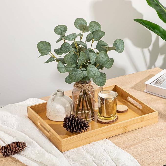 Briful Bamboo Decorative Tray with Handles - 16 x 12 Inch Rectangle Serving Tray for Coffee Table Decor Farmhouse Kitchen Counter Organizer & Bathroom Vanity Tray
