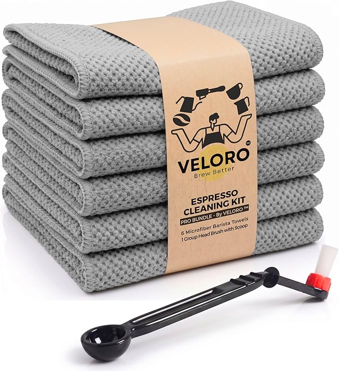 Veloro Espresso Cleaning Kit – Restore Coffee Flavor Fast – 6 Microfiber Barista Towels + Group Head Brush with Scoop – Lint-Free Cloths for Steam Wand, Portafilter & Coffee Machines (12x12”) by Unknown