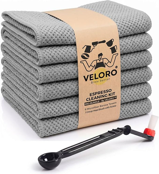 Veloro Espresso Cleaning Kit – Restore Coffee Flavor Fast – 6 Microfiber Barista Towels + Group Head Brush with Scoop – Lint-Free Cloths for Steam Wand, Portafilter & Coffee Machines (12x12”) by Unknown