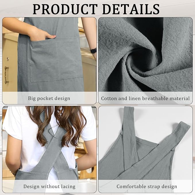 Japanese Style Apron, X Cross Back Strap Aprons, Linen and Cotton Blend Apron, No Tie Design with 2 Practical Front Pockets, Perfect for Women Men Baking Painting Gardening Cleaning (Light Gray) - Image 6