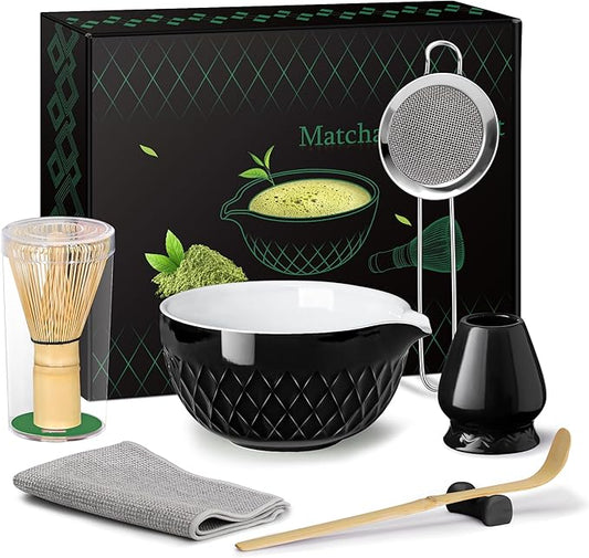 Matcha Whisk Set, 7 Pcs Matcha Kit, Ceramic Matcha Set Includes Matcha Bowl with Spout, Matcha Whisk and Holder, Bamboo Scoop, Scoop Rest, Sifter and Tea Towel (Onyx Black)