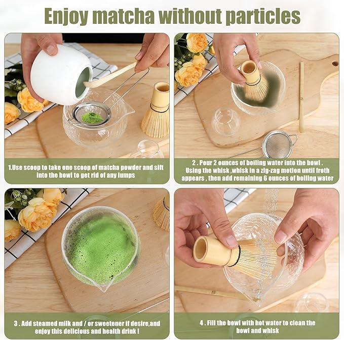 Matcha Whisk Set, 5 Pcs Matcha Set Whisk and Bowl with Spout, Matcha Whisk Holder, Matcha Spoon, Stainless Sifter, Perfect Matcha Kit for Matcha Lover (Glass Transparent)