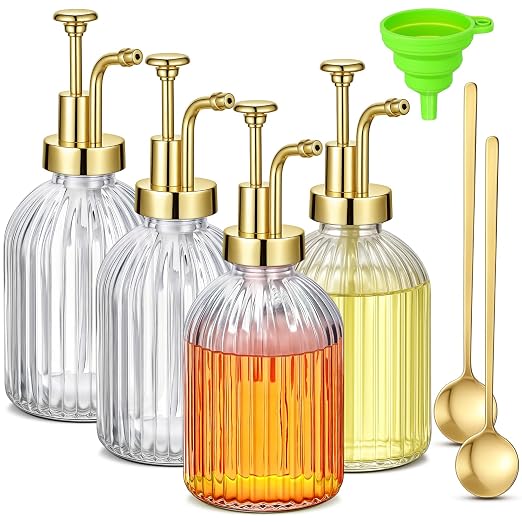 LemonRoad 4 Pcs Coffee Syrup Dispenser for Coffee Bar 10oz Glass Syrup Pump Dispenser with Gold Pump, Gold Scoop and Funnel for Bar Accessories by Unknown