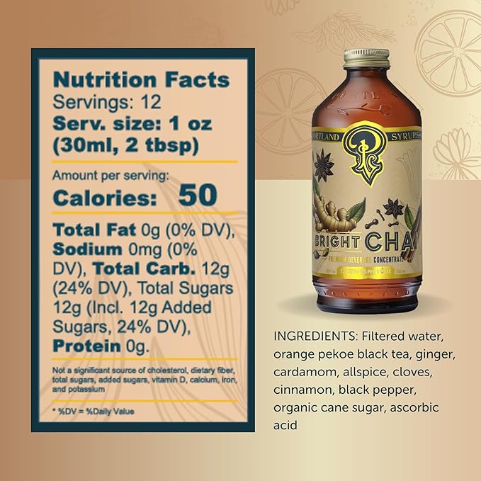 Portland Syrups Bright Chai Syrup - Coffee, Cocktails, Mocktails & Sodas - Premium Concentrate - Orange Pekoe, Ginger, Cinnamon, Cloves & Cardamom - Organic Cane Sugar - 12 oz, 24 Servings (Pack of 1)