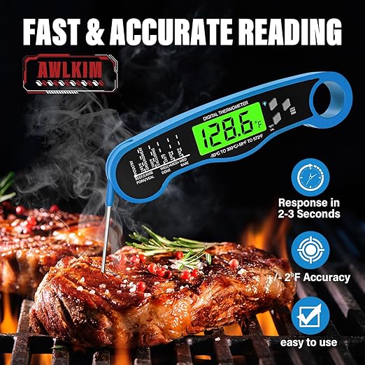 Fast Instant Read Meat Thermometer with Backlight - Waterproof Digital Food Probe for Grilling, Cooking, Baking & Candy Making - Kitchen & BBQ Essential（Blue）