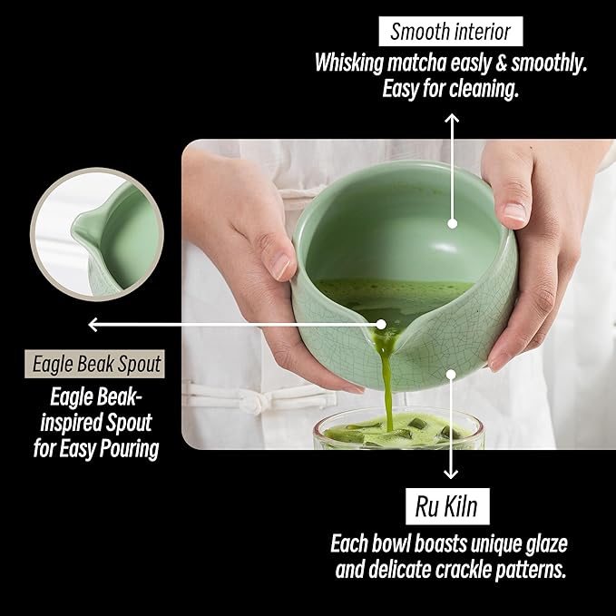TEANAGOO Matcha Bowl with Spout,Ceramic Matcha Bowl Set and Whisk Holder, Green Tea Bowl, 2 PCS Macha Chawan 17.2oz/510ml,Matte Light Green with Black Seam with Stand