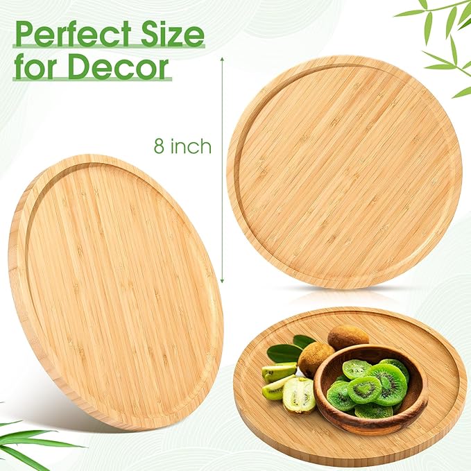 Meanplan Bamboo Tray - 5 Pcs Wood Plates, Round Charcuterie Board & Serving Platter with Rim for Kitchen, Fruit, Bread, Salad, Coffee Table, Home, Hotel, Restaurant (8 Inch)
