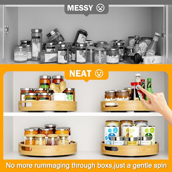Lazy Susan Organizer Homerays 13 Inch Non-Skid Bamboo Lazy Susan for Kitchen Rotating Spice Rack with Handles, Wood Turntable for Kitchen Cabinet,Countertop (Bamboo, Large) - Image 5