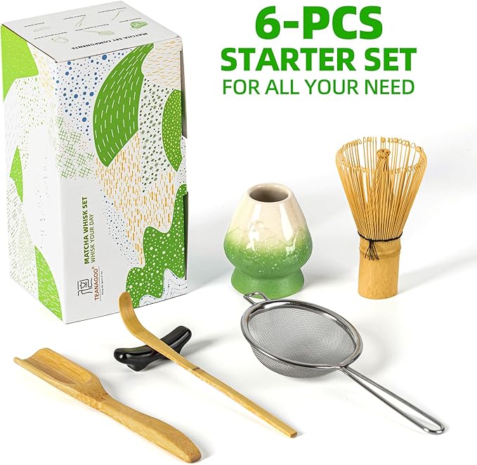 TEANAGOO Matcha Whisk Set,Matcha Whisk(100 prongs) with Green Holder,6-PCS Traditional Starter Set,Scoop(Chashaku),Tea Spoon,Bamboo Chasen for Making Latte,Ceremony Accessory,Gife for Friend/Family