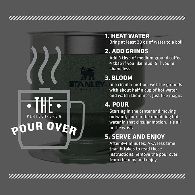 STANLEY Perfect Brew Pour Over | Manual Single Cup Coffee Maker | Drip Coffee Maker with Reusable Filter | Easy Clean Stainless Steel | BPA-Free | Hammertone Green