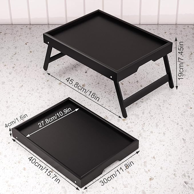2 Pack Bamboo Bed Tray Table with Folding Legs,Breakfast Trays,Serving Tray for Food and Snack,Laptop Trays for Working(Black)