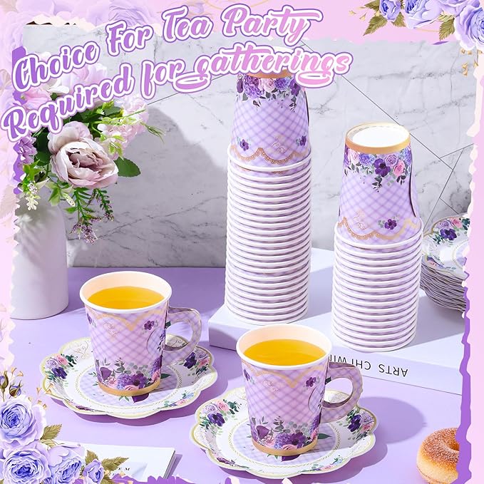 Tioncy 100 Pcs Tea Party Decorations Include 50 Pieces 9 oz Paper Tea Cups with Handle and 50 Plates Disposable Teacups and Saucers Sets for Birthday(Flower)