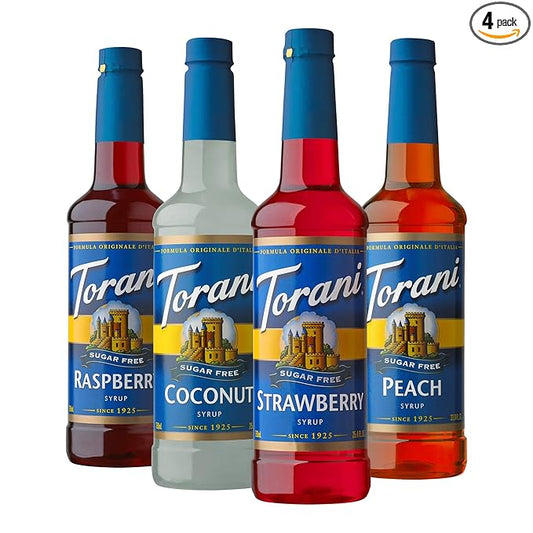 Torani Sugar Free Flavored Drink Syrup Soda Flavors Variety Pack, Raspberry, Coconut, Strawberry & Peach, 25.4 fl oz, (Set of 4)