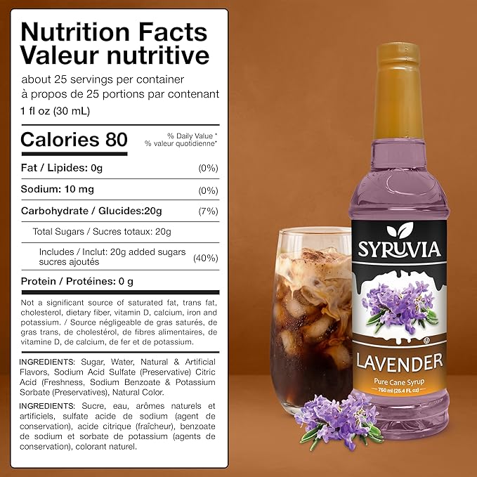 Syruvia Coffee Syrup, Lavender Flavored Syrup for Drinks, Lattes, and Desserts – 25.4 fl oz, With Pump