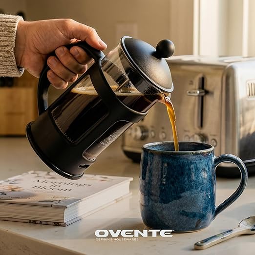 OVENTE French Press Coffee Maker 34 Ounce with Heat Resistant Borosilicate Glass & Stainless Steel 4-Level Filtration System, Portable Cold Brew Coffee Maker for Travel, Camping or Gift, Black FPT34B