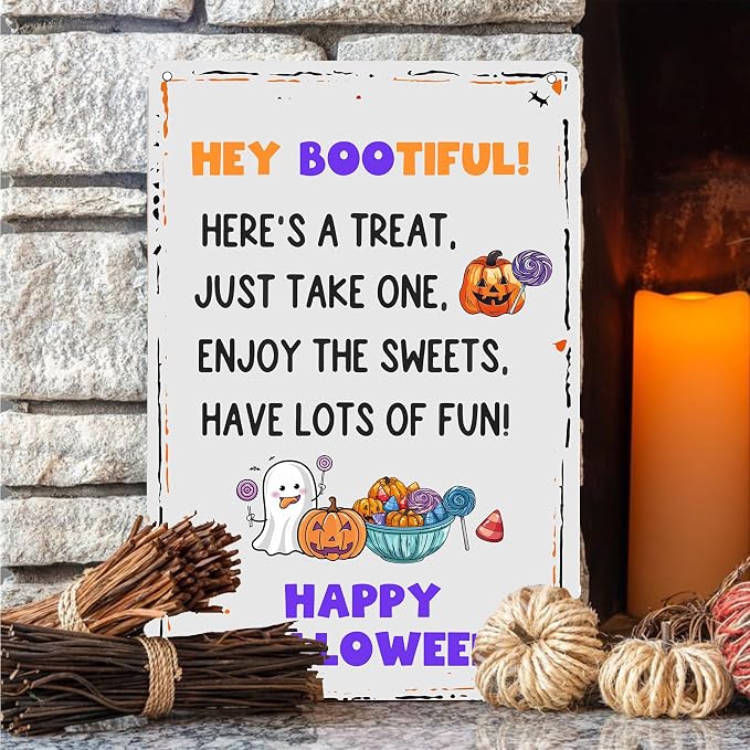 KanaAt Funny Halloween Trick or Treat Metal Sign Here's a Treat Just Take One Halloween Wall Art Decor for Home Farmhouse Yard Garage Club Porch Front Door Decor 8x12 inch, diany-m91 - Image 5