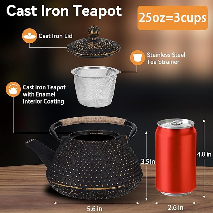 Cast Iron Teapot, 25 oz (750 ml) Japanese Tetsubin Tea Pot with Infuser for Stovetop Safe, Tea Kettle with Enameled Interior for Loose Leaf Tea and Tea Bags