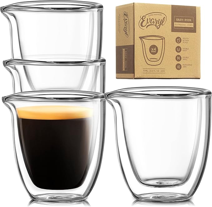 Pouring Espresso Cups Set of 4 - Glass Espresso Cup Shot Glass with Spout 2.7 OZ - Double Espresso Cups - Small Doppio Double Walled Clear Espresso Cup - Expresso Coffee Cup - Espresso Accessories