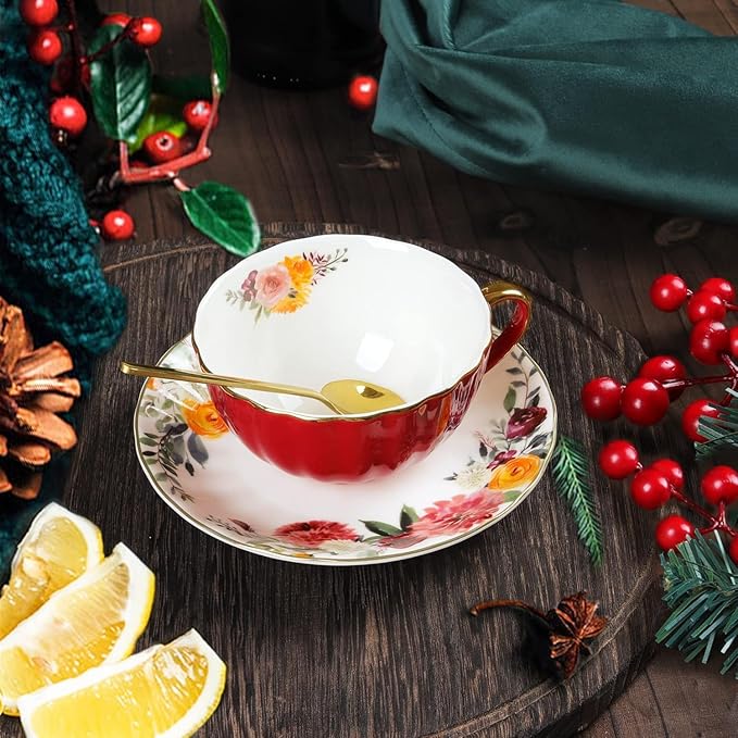 ONEUSTAR Tea Cup and Saucer Set for 1 Bone China Floral Teacup with Spoon 8 oz Coffee Cup Cappuccino Latte Mug for Women Birthday Christmas Gift, Red