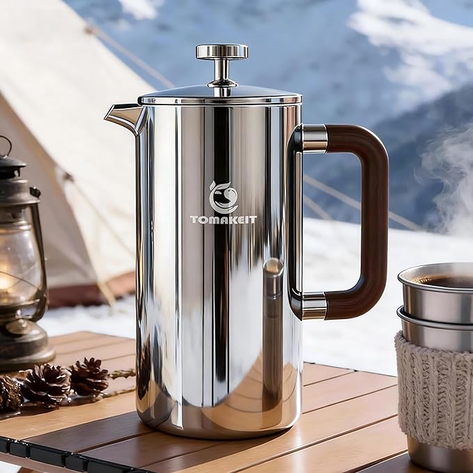 1L/34 Oz French Press Coffee Maker,304 Stainless Steel Coffee Press,Durable & Easy Clean,Leak-Proof Design,Prensa Francesa Para Cafe for Home,Office,Camping (Silver-Upgrade)