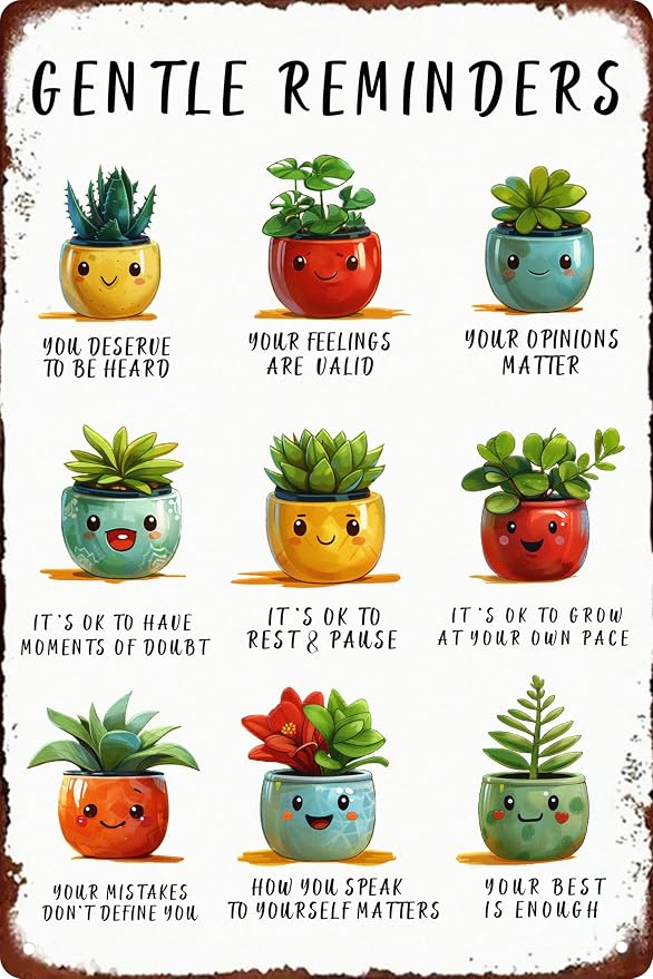 Room Retro Tin Metal Signs Cute Potted Plants Desk Decor therapy office decor office plant decor boho desk accessories aesthetic Mental Health Gentle Reminders Sign 8x12 in by WSUPBPR