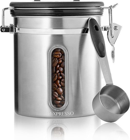 Mixpresso 16 Oz Stainless Steel Coffee Canister with Scoop and Window – Airtight Coffee Container with CO2 Valve for Bean Storage, Date Tracker Lid