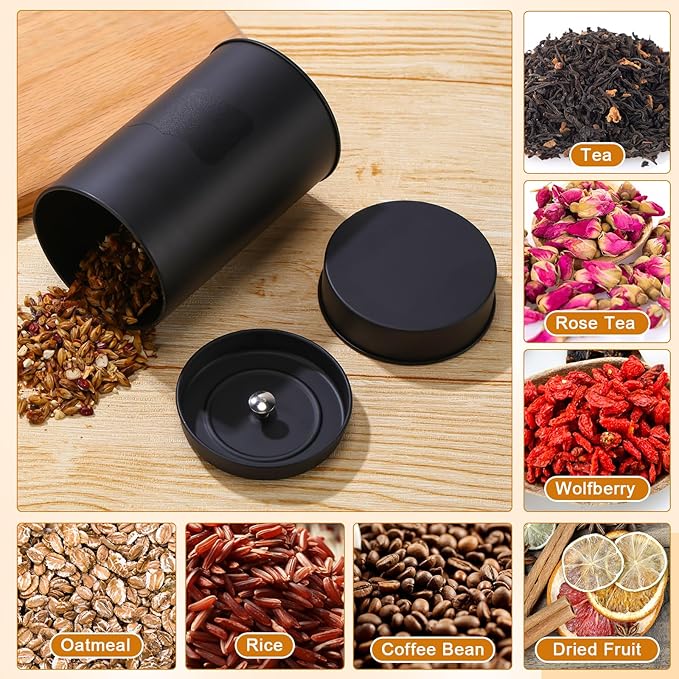 Tanlade 6 Pcs Tea Tin Canister Metal Round Can with Airtight Lid Double Sealed Tea Tin Canisters, with 1 Erasable Chalk Marker and 16 Stickers for Loose Leaf Coffee Sugar, 14 oz
