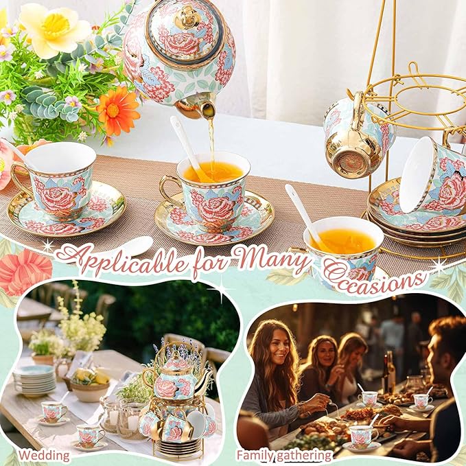 Zhehao 20 Pcs Porcelain Tea Set with Metal Holder and Spoon Adult Ceramic Tea Set European Flower Painting Teapot Cup Saucer Spoon for Women, Large Version(Vintage Style)