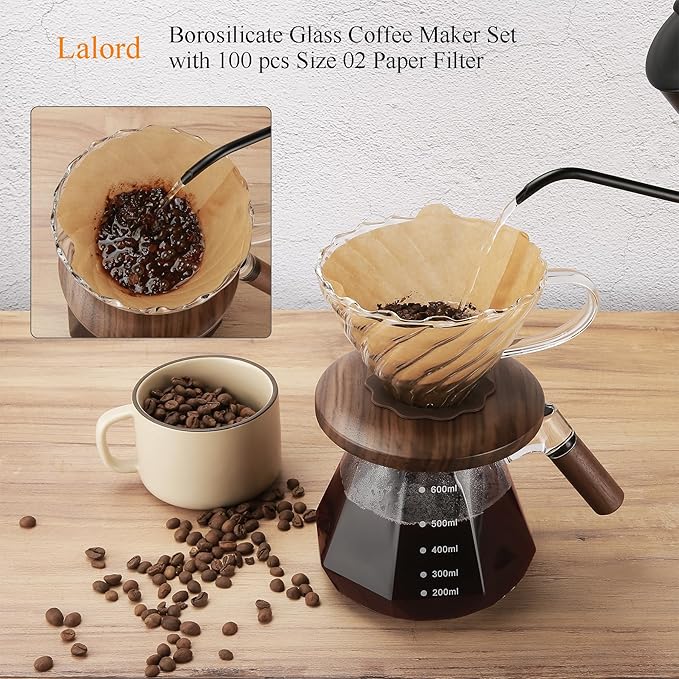 Pour Over Coffee Maker, 20 oz Borosilicate Glass Set with 100 pcs Paper Filter, Coffee Dripper with Walnut Collar, Coffee Pot with Glass Lid, 1-3 Cups, Clear, (600 ml)
