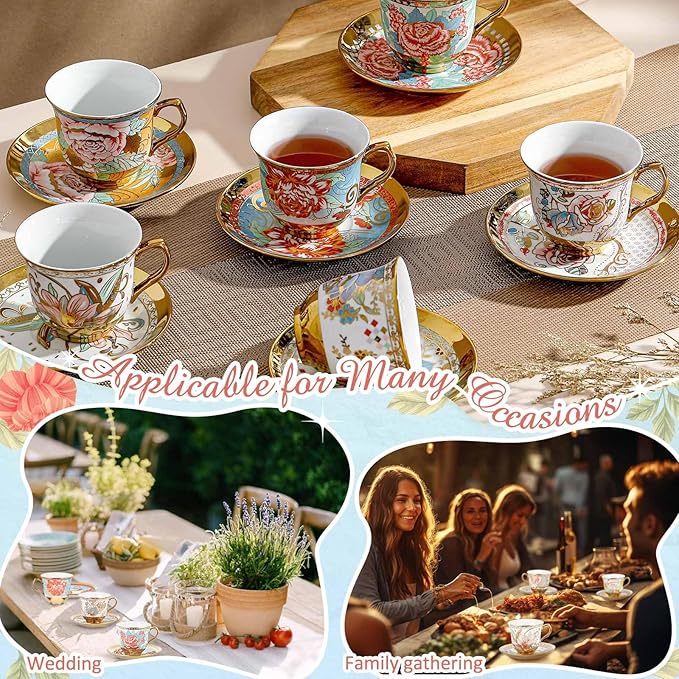 Set of 18 Tea Cups and Saucers Tea Party Decorations Floral Porcelain 5.4 oz British Gift for Women Birthday Party, Church, and Mother's Day (Vibrant Style)