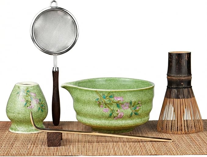 7-Piece Matcha Set with Ceramic Matcha Bowl, Bamboo Whisk (Chasen) & Holder, Sifter, Tea Scoop & Rest, Special Bamboo Tea Mat - Perfect Matcha Kit for Matcha Lovers & Gift Giving, Green